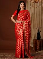 Pure Georgette Red Festival Wear Weaving Saree